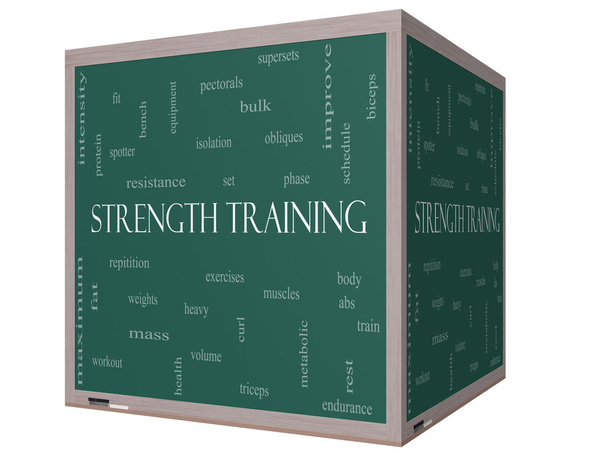Strength Training Word Cloud Concept on a 3D cube Blackboard - Photo, Image