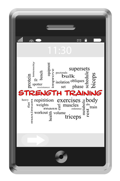 sterkte opleiding woord wolk concept op touchscreen telefoon - Foto, afbeelding