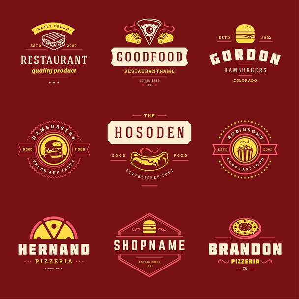 Fast food logos set vector illustration good for pizzeria or burger shop and restaurant menu badges with food silhouette - Vecteur, image