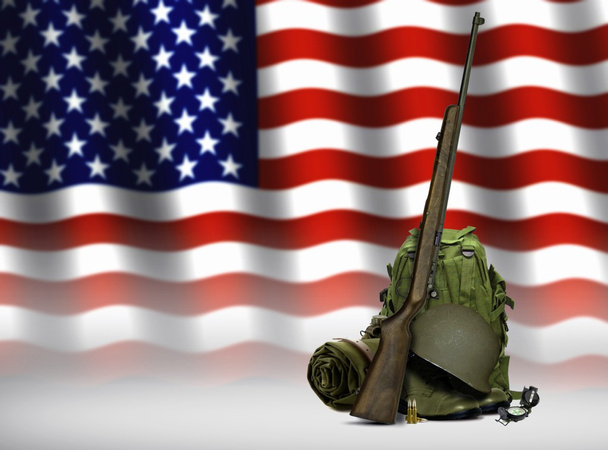 Sprzęt wojskowy i amerykańską flagę - Zdjęcie, obraz