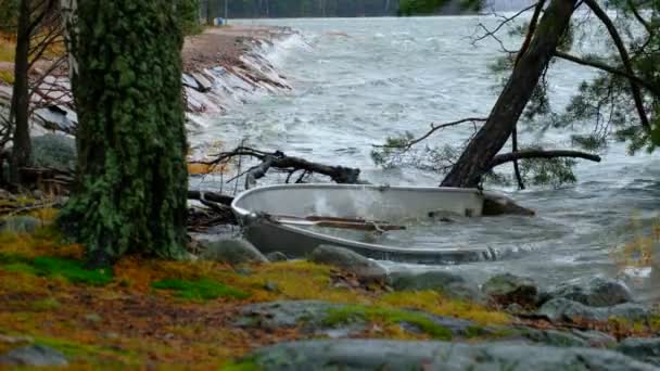 Das Boot sank während des Sturms in Finnland. Die nordische Natur. - Filmmaterial, Video