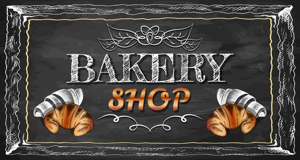 Vector illustration of sketch hand drawn poster with croissants. Vintage bakery shop background. Croissant with filling, custard, cream. Flyer, banner, dessert menu, pastry shop, grocery. Chalkboard. - Vector, Image