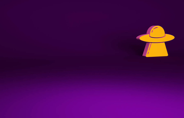 Pomarańczowy UFO latający statek kosmiczny ikona izolowane na fioletowym tle. Latający spodek. Kosmiczny statek kosmiczny. Futurystyczny, nieznany obiekt latający. Koncepcja minimalizmu. Ilustracja 3D 3D renderowania. - Zdjęcie, obraz