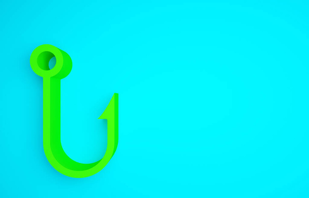 Grüne Angelhaken Symbol isoliert auf blauem Hintergrund. Angeln. Minimalismus-Konzept. 3D Illustration 3D Renderer. - Foto, Bild