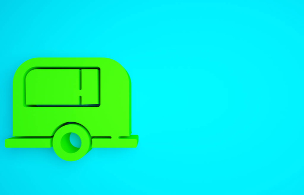 Green Rv Camping trailer ikon elszigetelt kék háttérrel. Utazó mobil otthon, lakókocsi, lakókocsi az utazáshoz. Minimalizmus koncepció. 3d illusztráció 3D render. - Fotó, kép