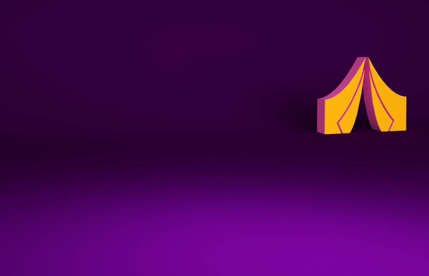Orange Tourist tent icon isolated on purple background. Camping symbol. Minimalism concept. 3d illustration 3D render. - Photo, Image