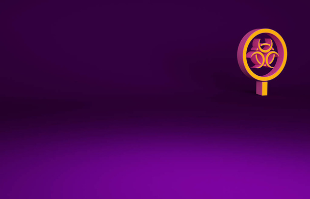 Оранжевый Биохазард и лупа из стекла, выделенная на фиолетовом фоне. Концепция минимализма. 3D-рендеринг. - Фото, изображение