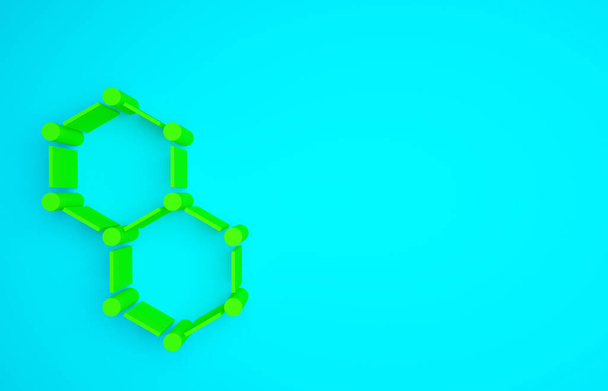 青色の背景に単離された緑色の化学式アイコン。要約イノベーション医学、健康、研究、科学のための六角形。最小限の概念。3Dイラスト3Dレンダリング. - 写真・画像