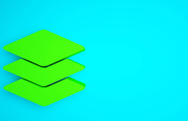 緑のレイヤーアイコンは青の背景に分離されます。最小限の概念。3Dイラスト3Dレンダリング. - 写真・画像