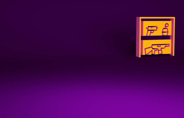 Narancs Vadászbolt puska és fegyver ikon elszigetelt lila háttér. Szupermarket vagy tároló fegyverekkel. Minimalizmus koncepció. 3d illusztráció 3D render. - Fotó, kép