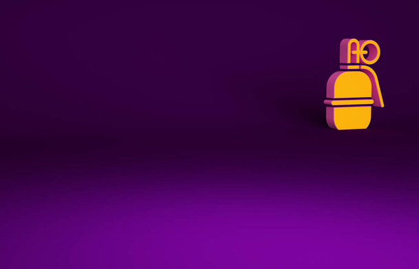 Помаранчева піктограма ручної гранати ізольована на фіолетовому фоні. Вибух бомби. Концепція мінімалізму. 3D ілюстрація 3D рендеринга
. - Фото, зображення