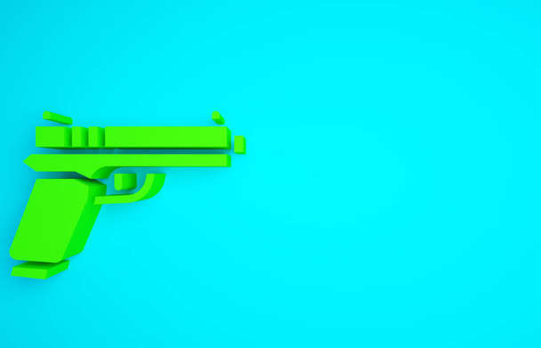 Pistola verde ou ícone de arma isolado no fundo azul. Polícia ou arma militar. Arma de fogo pequena. Conceito de minimalismo. 3D ilustração 3D render. - Foto, Imagem