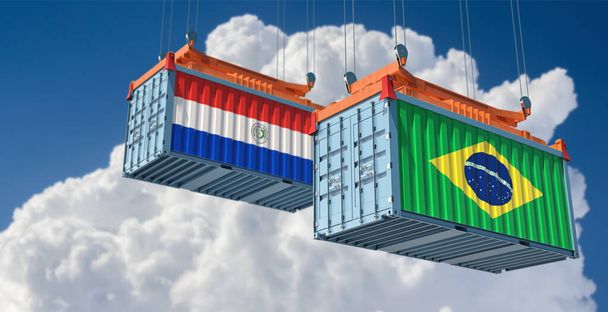 Nákladní kontejnery s brazilskou a paraguayskou státní vlajkou. 3D vykreslování  - Fotografie, Obrázek