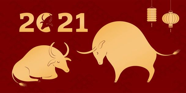 2021 Colección de elementos de Año Nuevo chino, siluetas de buey, linternas sobre fondo rojo. Ilustración vectorial dibujada a mano. Clipart para tarjeta - Vector, imagen