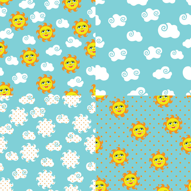 Set simple seamless patterns with sun,sky,clouds,polka dot - Vector, Imagen