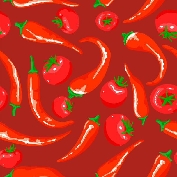 Pattern of red chili peppers and cherry tomatoes. Red seamless vector pattern - Διάνυσμα, εικόνα