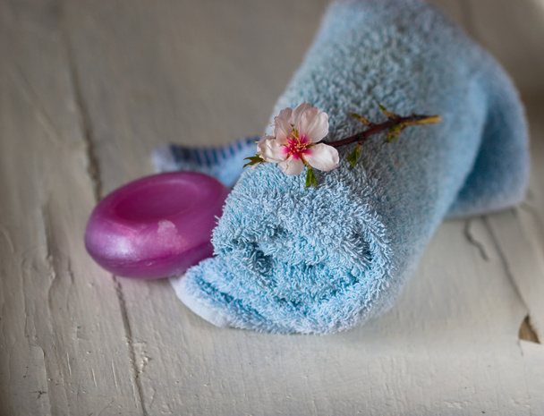 mydło, walcowane ręcznik i kwitnące gałązki - Zdjęcie, obraz