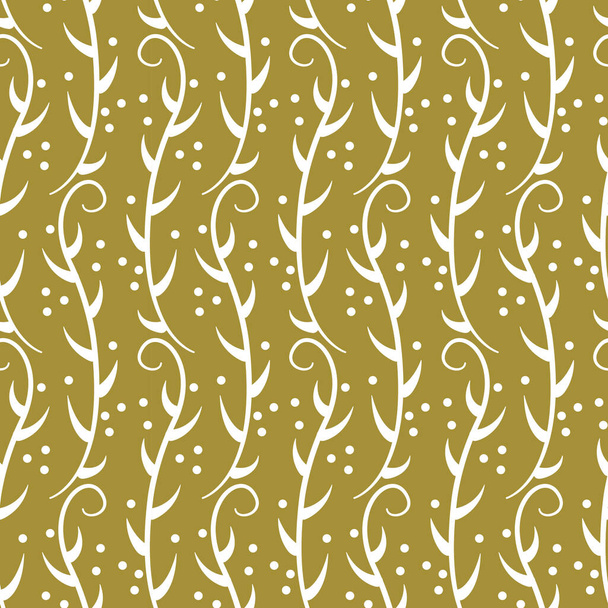 Vector seamless pattern with white vertical wavy twigs with leaves on gold background; for greeting cards, wrapping paper, posters, banners. - Vettoriali, immagini