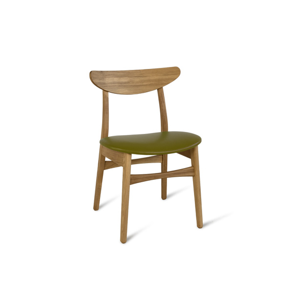 Houten stoel met kaki groene leren zitting geïsoleerd op witte achtergrond. Reeks meubels - Foto, afbeelding