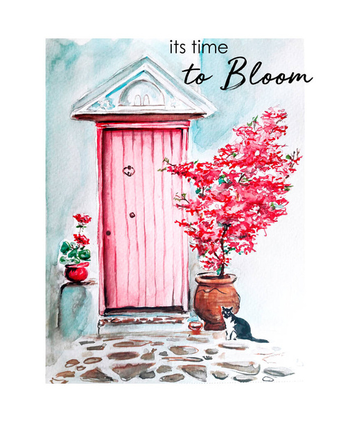  Watercolor painting of Vintage old door. Its time to bloom. Art Illustration - Valokuva, kuva