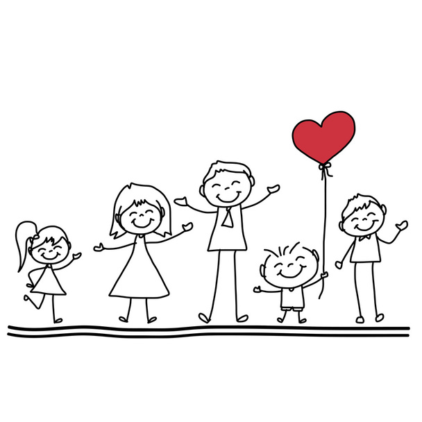 kézzel boldog család piros szív rajzfilm - Vektor, kép