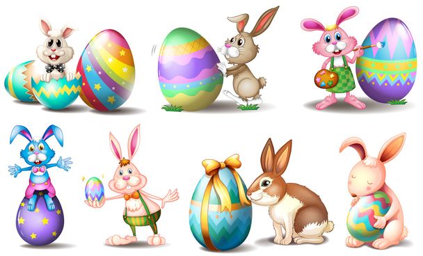 Пасхальные яйца с игривыми кроликами
 - Вектор,изображение