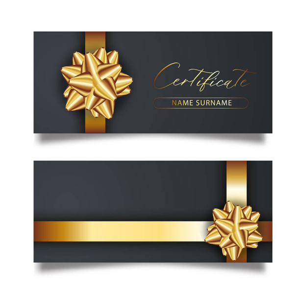 Conjunto de cartões pretos de luxo com arcos de presente de ouro com fitas - Vetor, Imagem