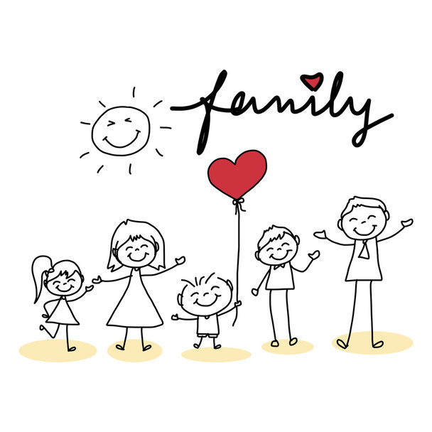 Dibujo a mano de dibujos animados de familia feliz con corazón rojo
 - Vector, Imagen