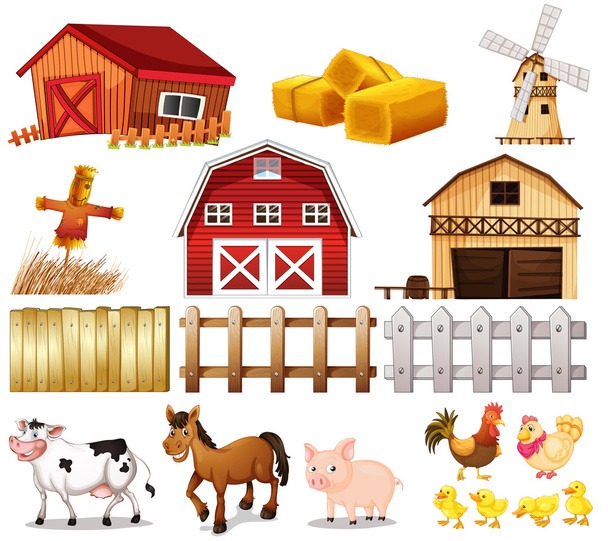 Вещи и животные, найденные на ферме
 - Вектор,изображение