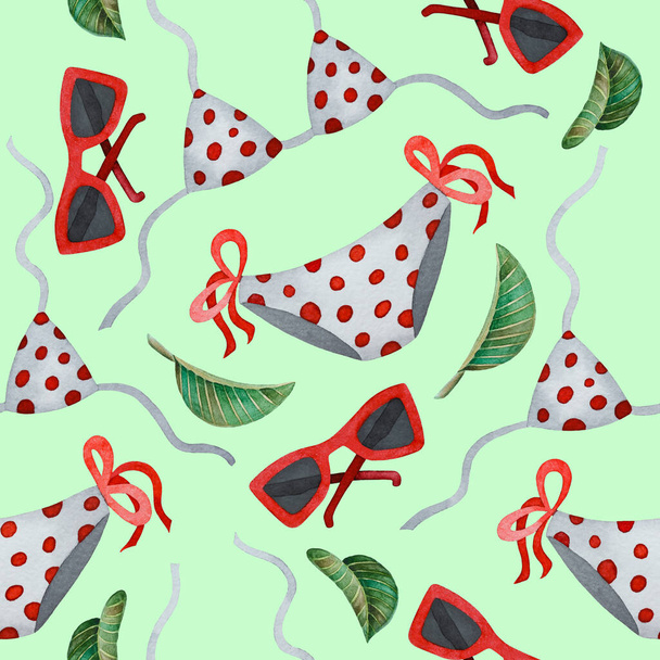 Illustration of watercolor hand drawn Summer vacation pattern with swimsuit, sunglasses and tropical leaves. Travel things. Beach. Vintage. Retro, vintage style. Hawaii, Bali, Thailand. - Foto, Bild