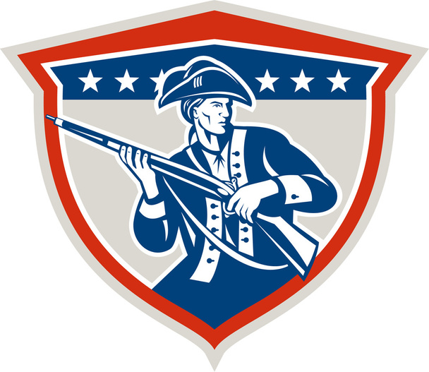 レトロなマスケット銃の盾を保持しているアメリカの愛国者 - ベクター画像