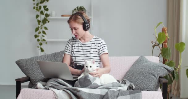 Femme d'affaires caucasienne tuteur étudiant assis à la maison sur le canapé porte un microphone de tête et écouteurs parle sur le chat par vidéoconférence en ligne avec le vétérinaire étreignant chat blanc quarantaine isolé - Séquence, vidéo