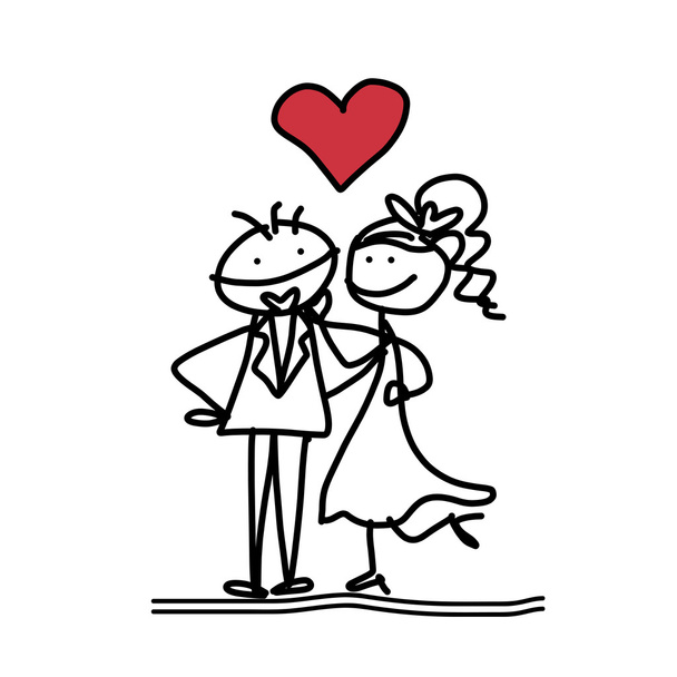 手描きの幸せな結婚式のカップルの漫画 - ベクター画像