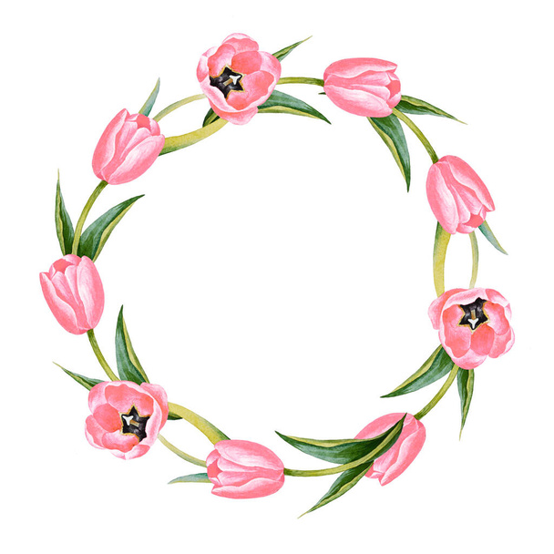 Illustration of watercolor hand drawn round frame with pink tulips. Spring floral postcard. Flowers for greeting card. Banner template with Vintage style. 8 March, Mother's Day. - Photo, Image