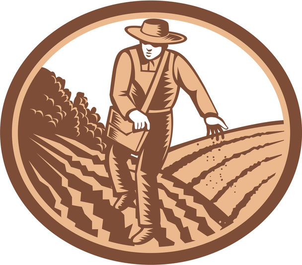 Органический фермер, сеющий семена древесно-стружечного ретро
 - Вектор,изображение