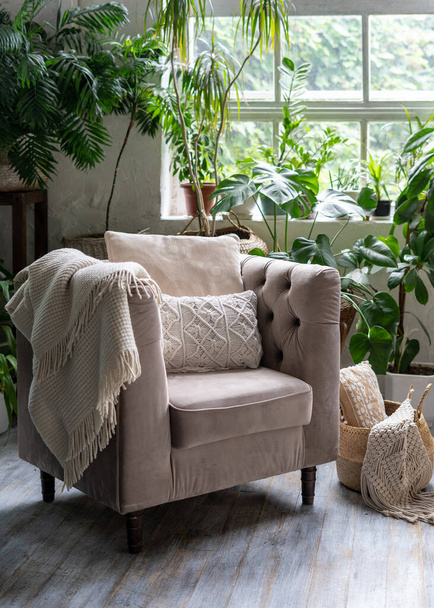Уютная гостиная с клетчатой и подушкой на удобном кресле против зеленых комнатных растений в цветочных горшках. Волнистый пол в квартире с современным интерьером - Фото, изображение