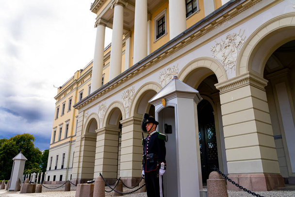 Királyi őr áll az őrháza előtt a királyi rezidencia előtt. Kiváló minőségű fénykép - Fotó, kép