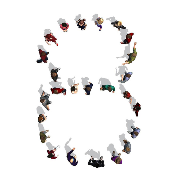 Menschen - angeordnet in Nummer 8 - Draufsicht mit Schatten - isoliert auf weißem Hintergrund - 3D-Illustration - Foto, Bild