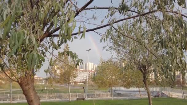 Early morning in city park. Big bright amazingly beautiful rainbow in sky. - Footage, Video