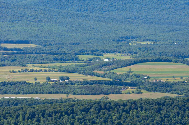 Μια θέα υψηλής γωνίας των αγρών και των αγροκτημάτων στην κοιλάδα που περιβάλλεται από δέντρα. - Φωτογραφία, εικόνα