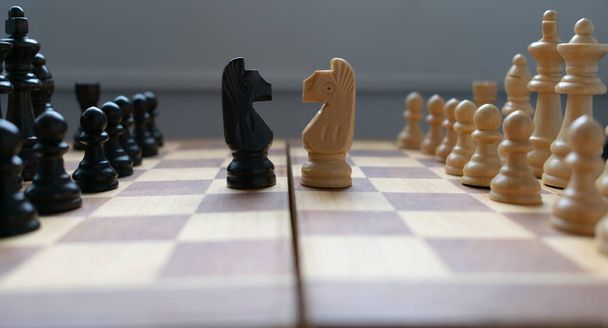 Deux chevaliers du jeu d'échecs, un noir et un blanc, devant l'autre. Communication entre les concepts de côtés - Photo, image