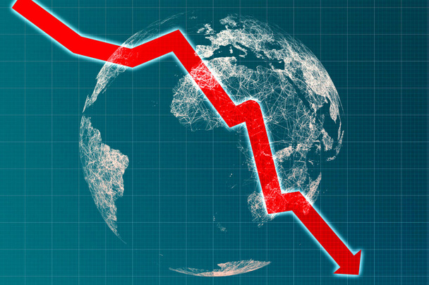 Roter absteigender Pfeil und Weltkarte. Finanzkrise. Globales Weltkonzept. 3D-Darstellung - Foto, Bild