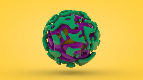 3D weergave van een prachtige bol bestaande uit twee abstracte groene en paarse vormen. De figuren hebben gladde rondingen, abstracte fantastische vormen. De kleurencombinatie, de balans van de geometrie - Foto, afbeelding