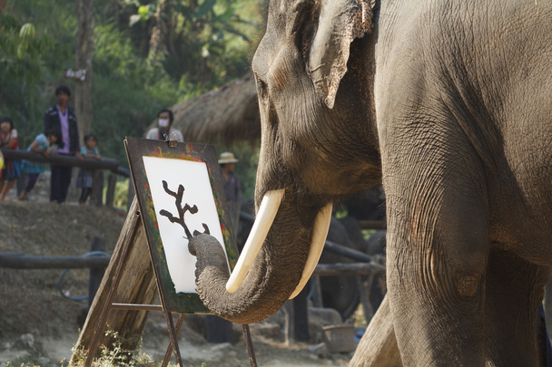 Elefante mostrar pintura sobre papel
 - Foto, Imagem