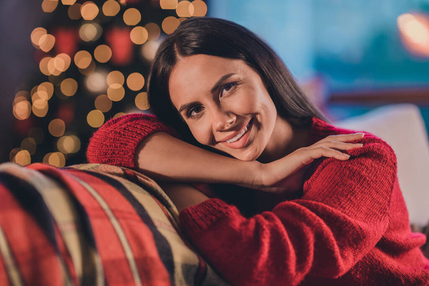 Portrait of young beautiful attractive smiling cheerful woman celebrate new year rest relax enjoy evening at home house - Foto, imagen