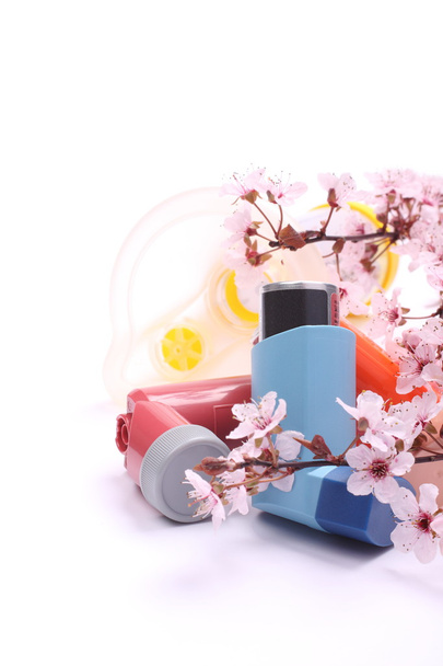 Asthma inhalers with extension tube for children and blossoming tree branches over white - Photo, Image