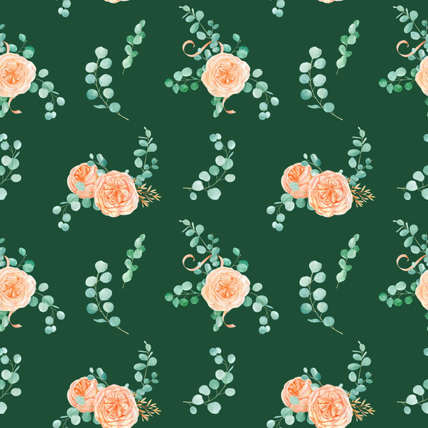 Seamless Pattern with Peach and Orange with English Rose Austin Flower and Eucalyptus Background and Eucalyptus - Foto, imagen