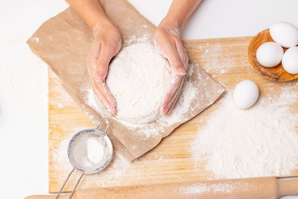 Female hands making pizza dough - Fotoğraf, Görsel
