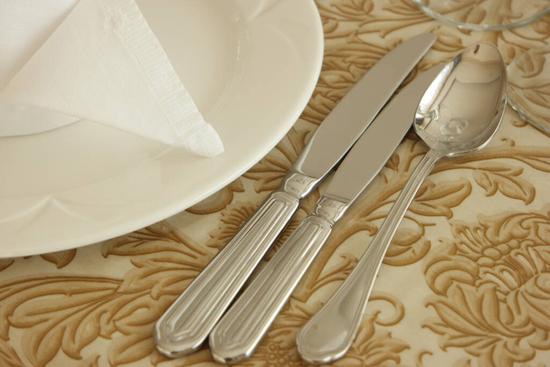 Mesa con plato, cuchillos, cuchara y servilleta. - Foto, imagen