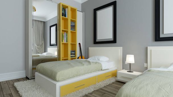 Μοντέρνο dorm room, γκρι τοίχοι, κίτρινη βιβλιοθήκη, διπλό κρεβάτι με φωτογραφία πλαίσιο έννοια του εσωτερικού σχεδιασμού 3D απόδοση - Φωτογραφία, εικόνα
